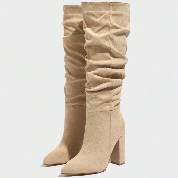 Women's Pointed Toe Ruched Chunky High Heel Slip On Fashion Boots, - Picture 2 of 4